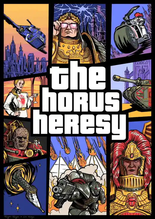 A comic book-style collage of eight panels depicting various characters and scenes from the Warhammer 40,000 universe…