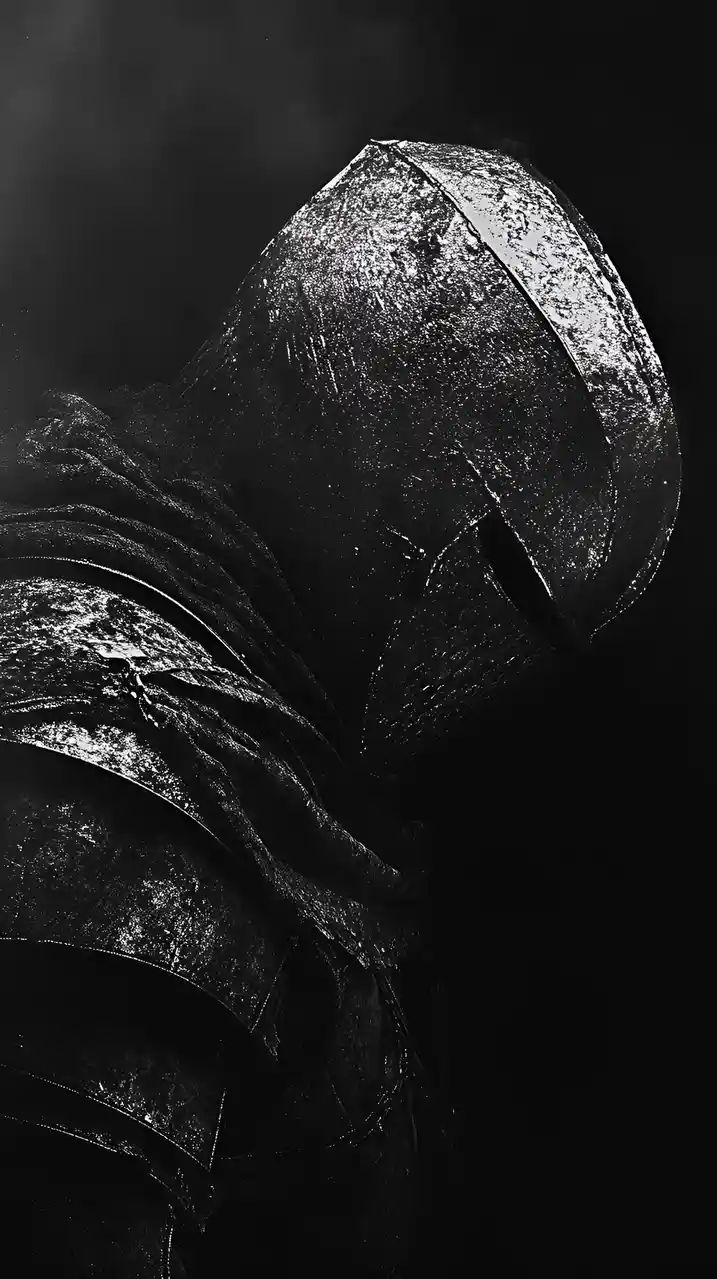 A black-and-white image shows a figure in dark, textured armor with a helmet that obscures their face, set against a dark…