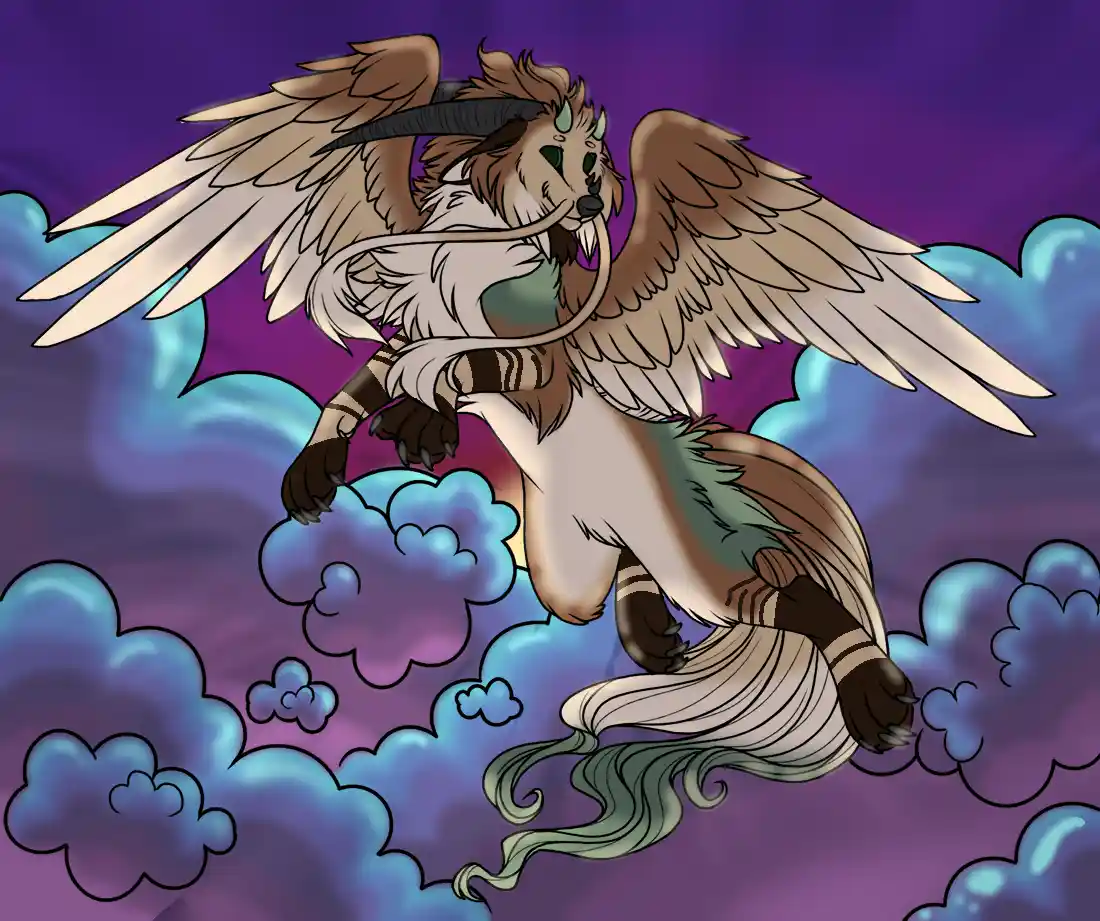 A cartoon goat with large wings, horns, and a long tail is flying through purple and blue clouds. The goat has a confused or…