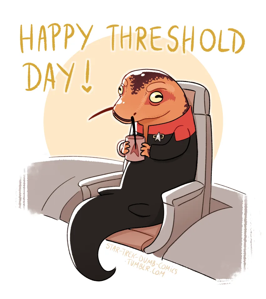 A cartoon Klingon character in a Star Trek uniform sits relaxed in a chair, sipping from a mug with a straw. The text above…