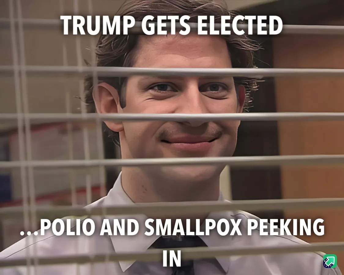 A man in a white shirt and tie smiles mischievously through office blinds. White text at the top reads 'TRUMP GETS ELECTED'…