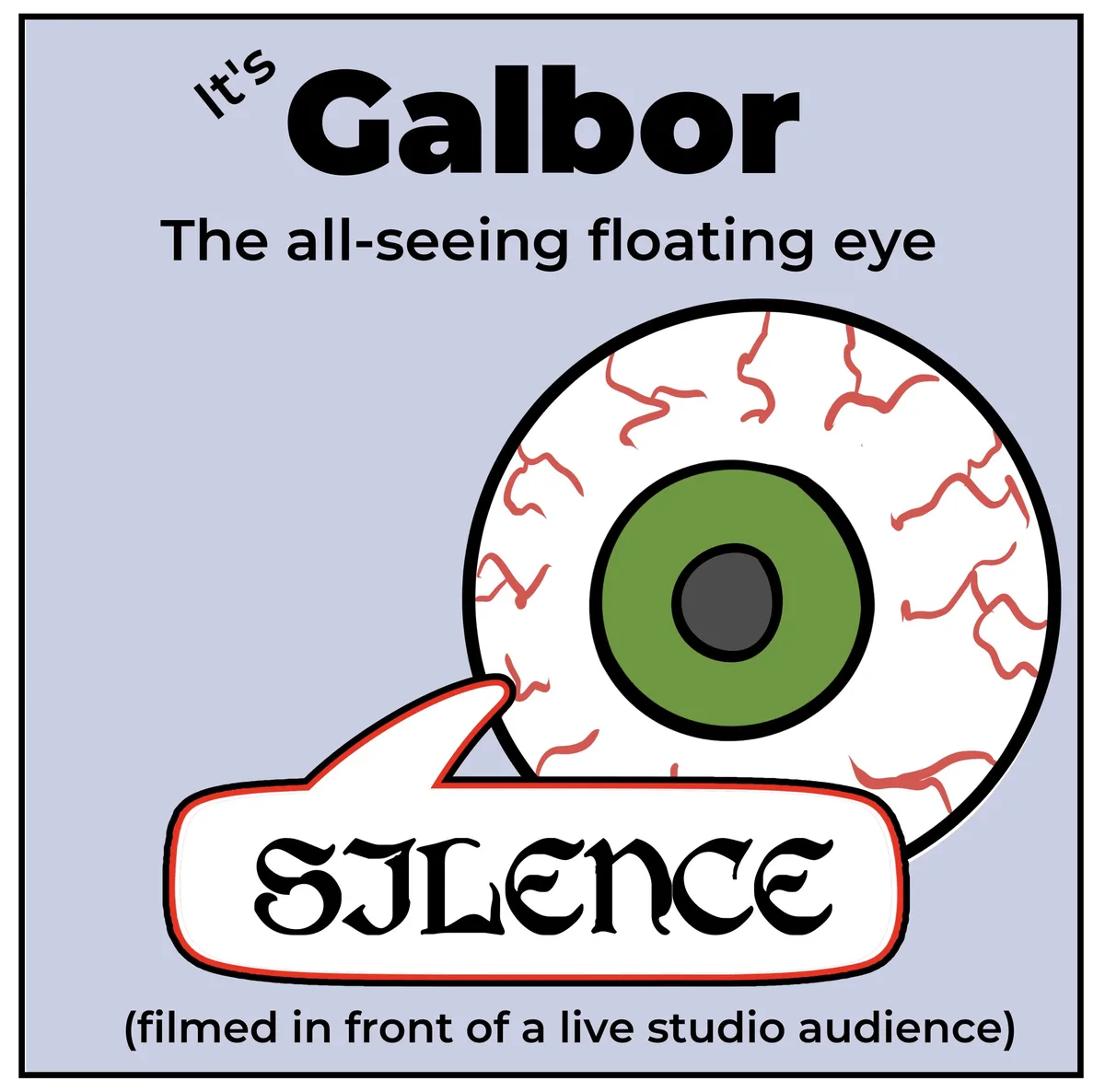 A cartoon illustration of a large, floating eyeball with red veins and a green iris, positioned above a sign that reads…