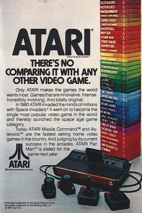A vintage 1981 Atari Video Computer System advertisement featuring a black console with four controllers and a tall stack of…