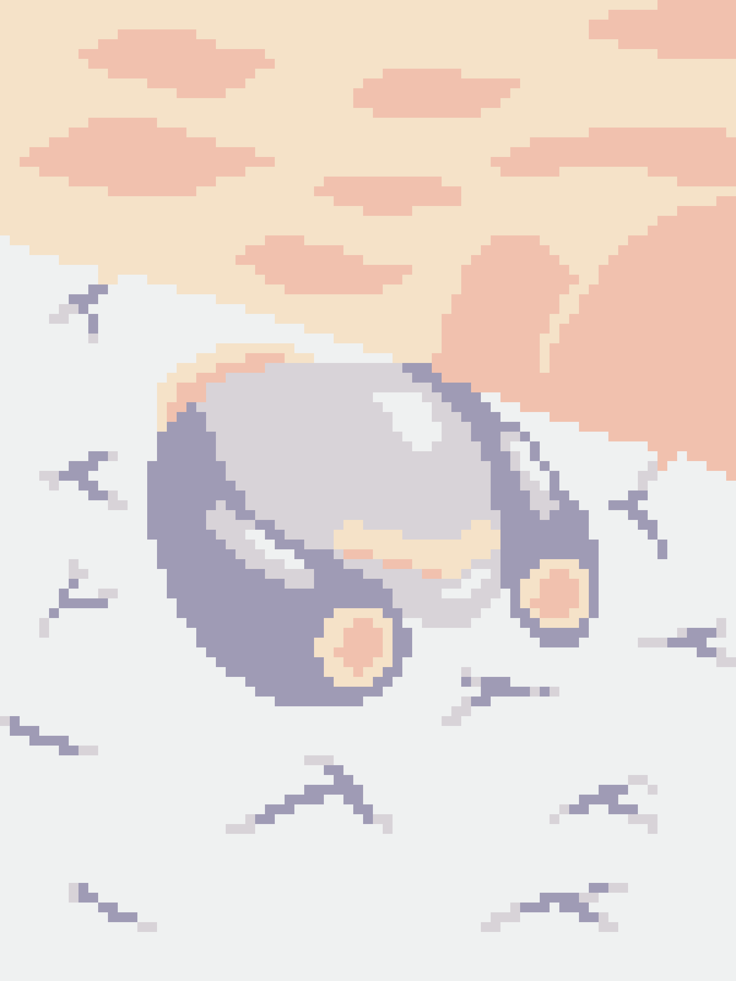 A pixel art image depicts a crying face with large, teardrop-shaped eyes and a downturned mouth, surrounded by clouds and…