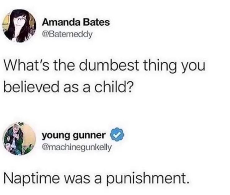 A screenshot of a Twitter thread shows Amanda Bates asking 'What's the dumbest thing you believed as a child?' and the…