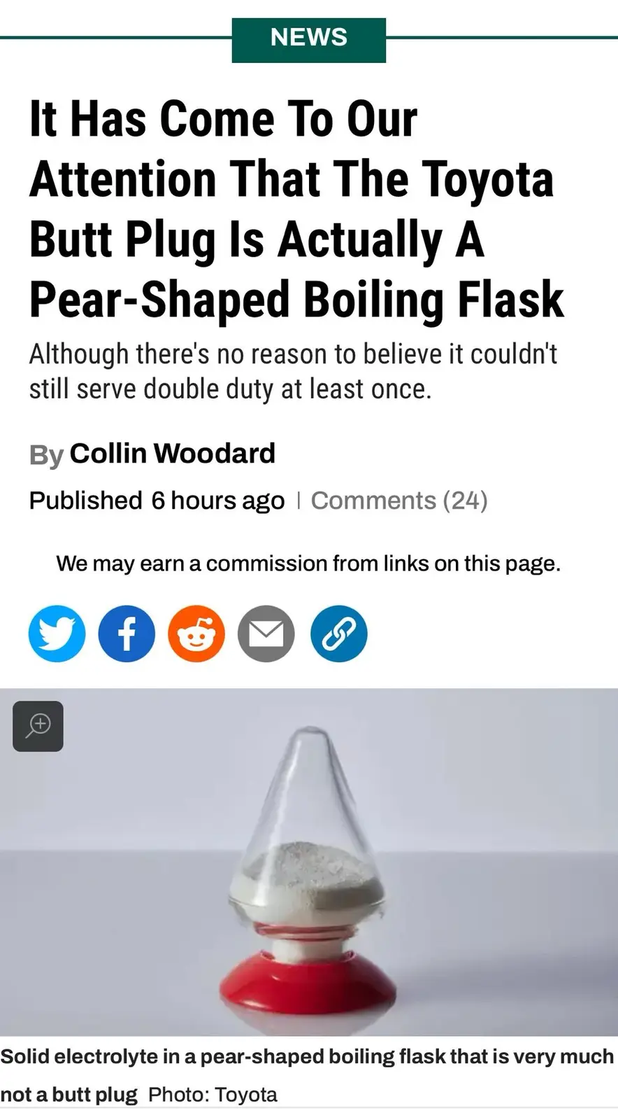 The image displays a news article mock-up with a headline claiming the Toyota butt plug is a pear-shaped boiling flask. The…