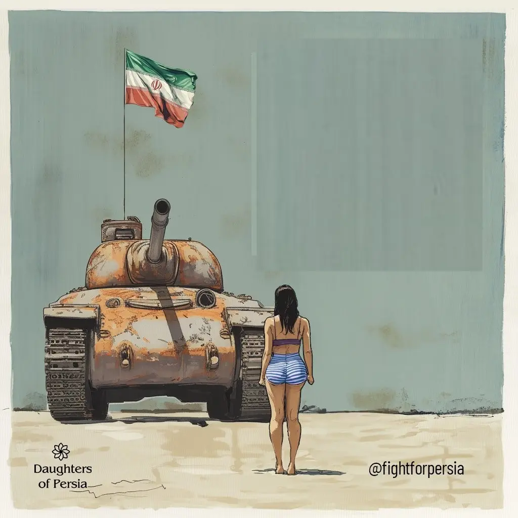 A woman in a bikini stands barefoot on sand, facing a rusty tank with an Iranian flag flying from its top. The image has…