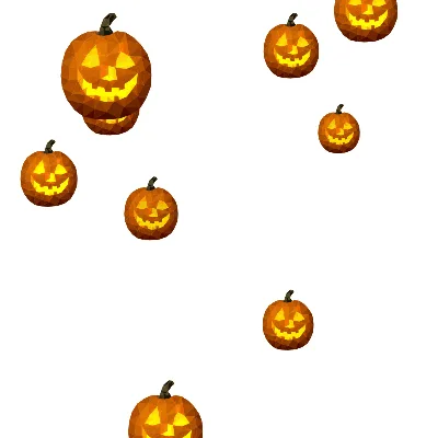 The image displays numerous glowing jack-o'-lanterns of varying sizes scattered across a black background, appearing to fall…