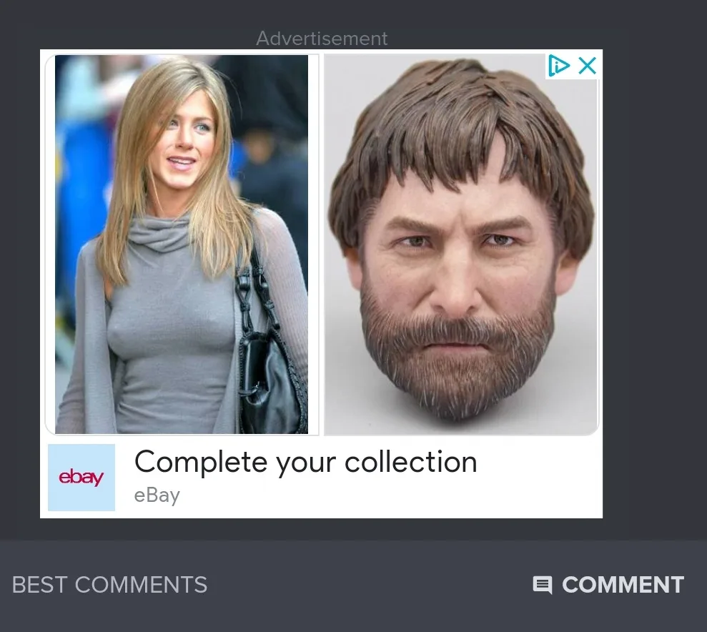 An eBay advertisement mock-up shows a photo of actress Jennifer Aniston on the left and a realistic sculpted head of actor…