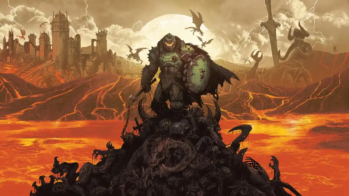 A heavily armored, green-helmeted warrior stands atop a pile of demonic skulls and limbs in a fiery, apocalyptic landscape…