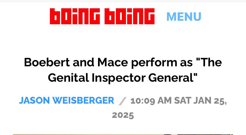 The image displays a screenshot of a Boing Boing website header with the title 'Boebert and Mace perform as "The Genital…