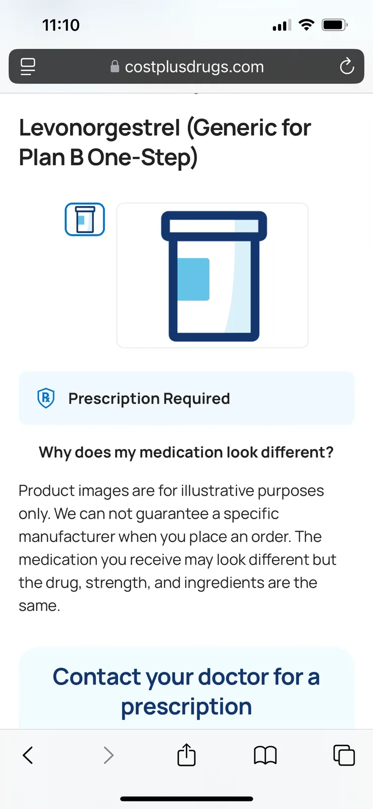 A screenshot of a mobile web page from costplusdrugs.com showing Levonorgestrel (generic for Plan B One-Step). The page…