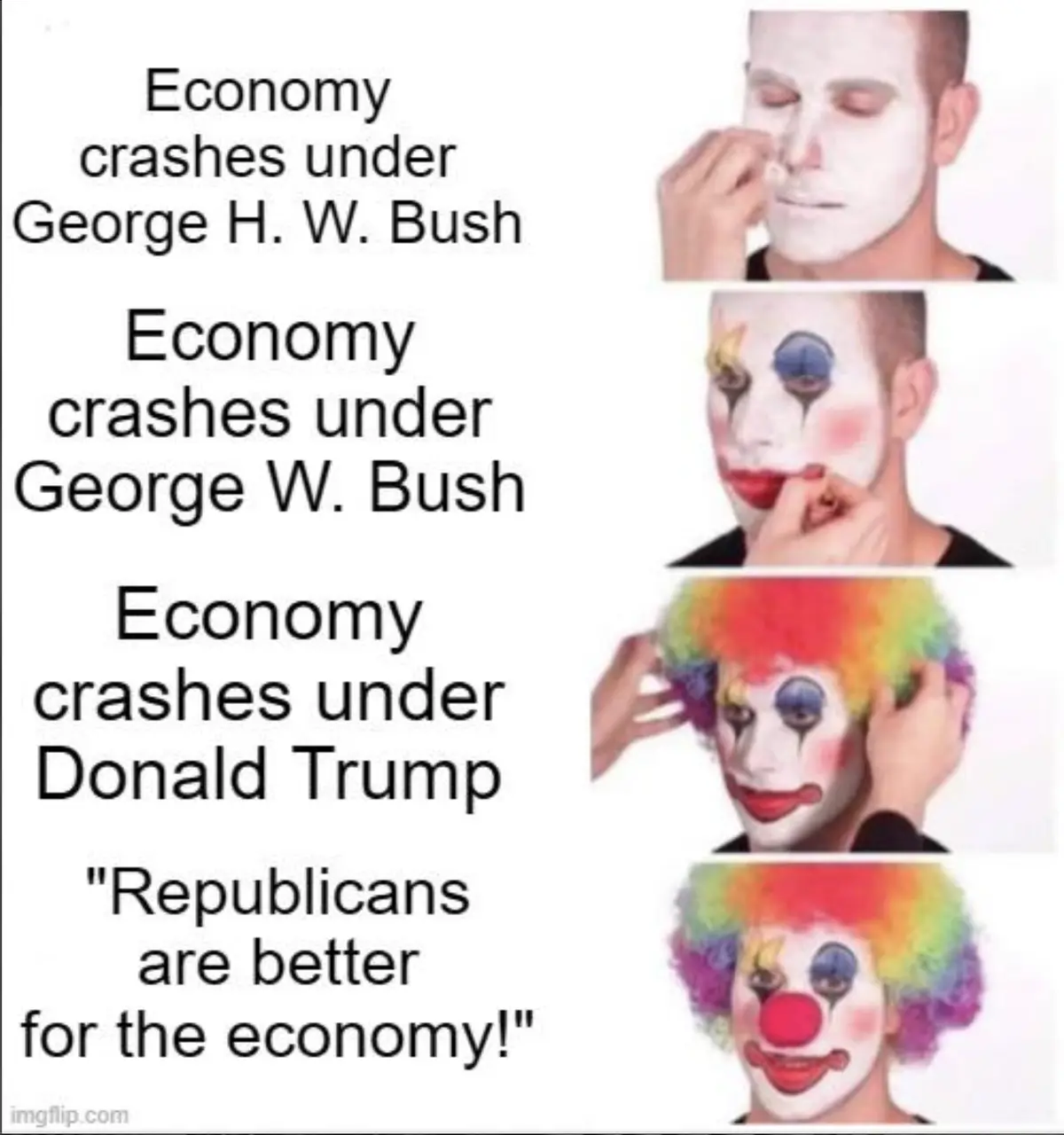 A three-panel image shows a man progressively being made up as a clown: first with white face paint, then with clown makeup…
