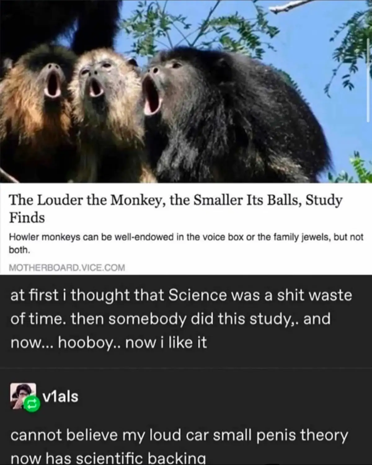 Three howler monkeys are shown howling with their mouths wide open against a blue sky with green foliage. Overlaid text…