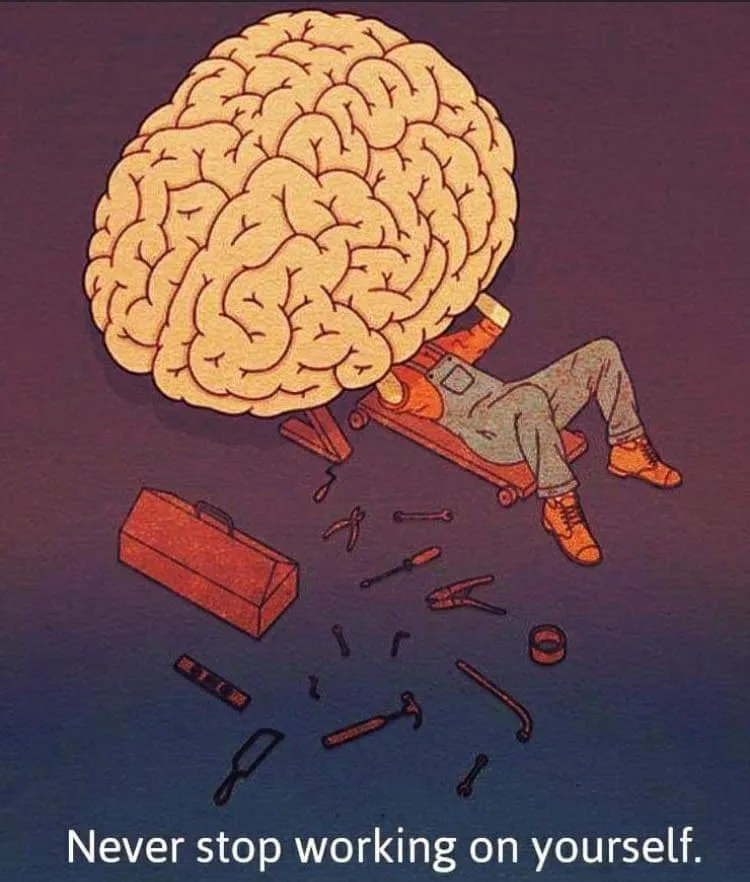 An illustrated person reclines on a workbench, their head replaced by a giant, detailed human brain. Scattered around them…