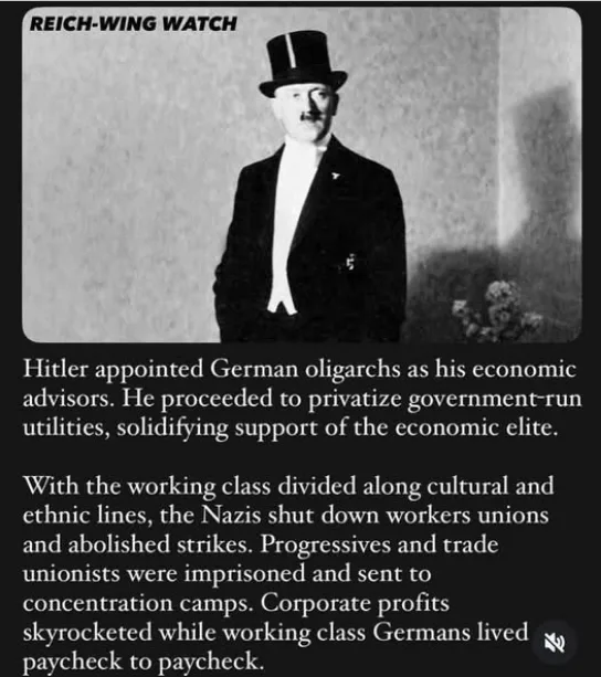 A black-and-white historical photo of a man in a top hat and formal suit, overlaid with text titled 'REICH-WING WATCH'. The…