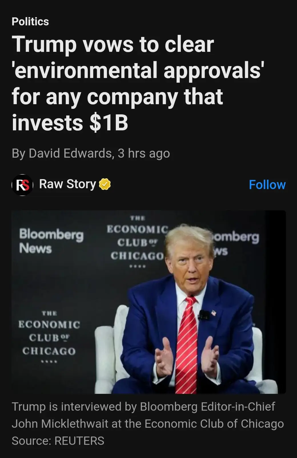 A screenshot of a news article from Raw Story shows Donald Trump speaking at The Economic Club of Chicago, with the headline…