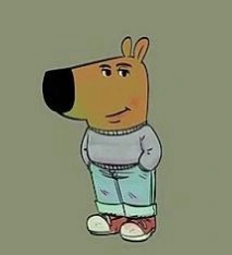 A cartoon dog character with a bored expression, wearing a grey sweater and light blue pants, stands against a plain…