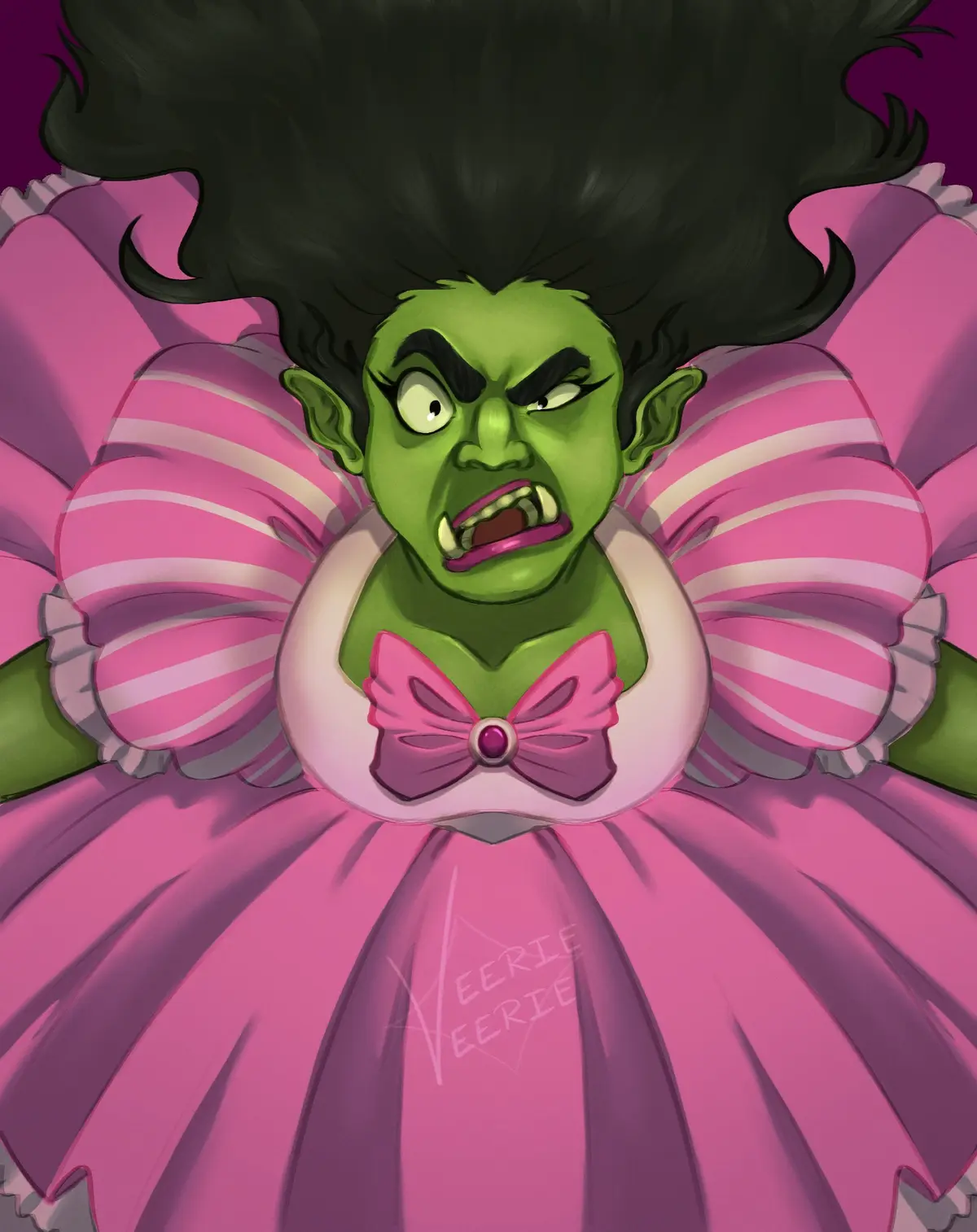 A green-skinned, angry-looking monster with black hair and pointed ears wears a frilly, oversized pink dress with white…