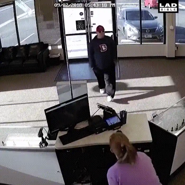 A six-panel security camera sequence shows a man in a red cap approaching a reception desk, interacting with a woman in a…