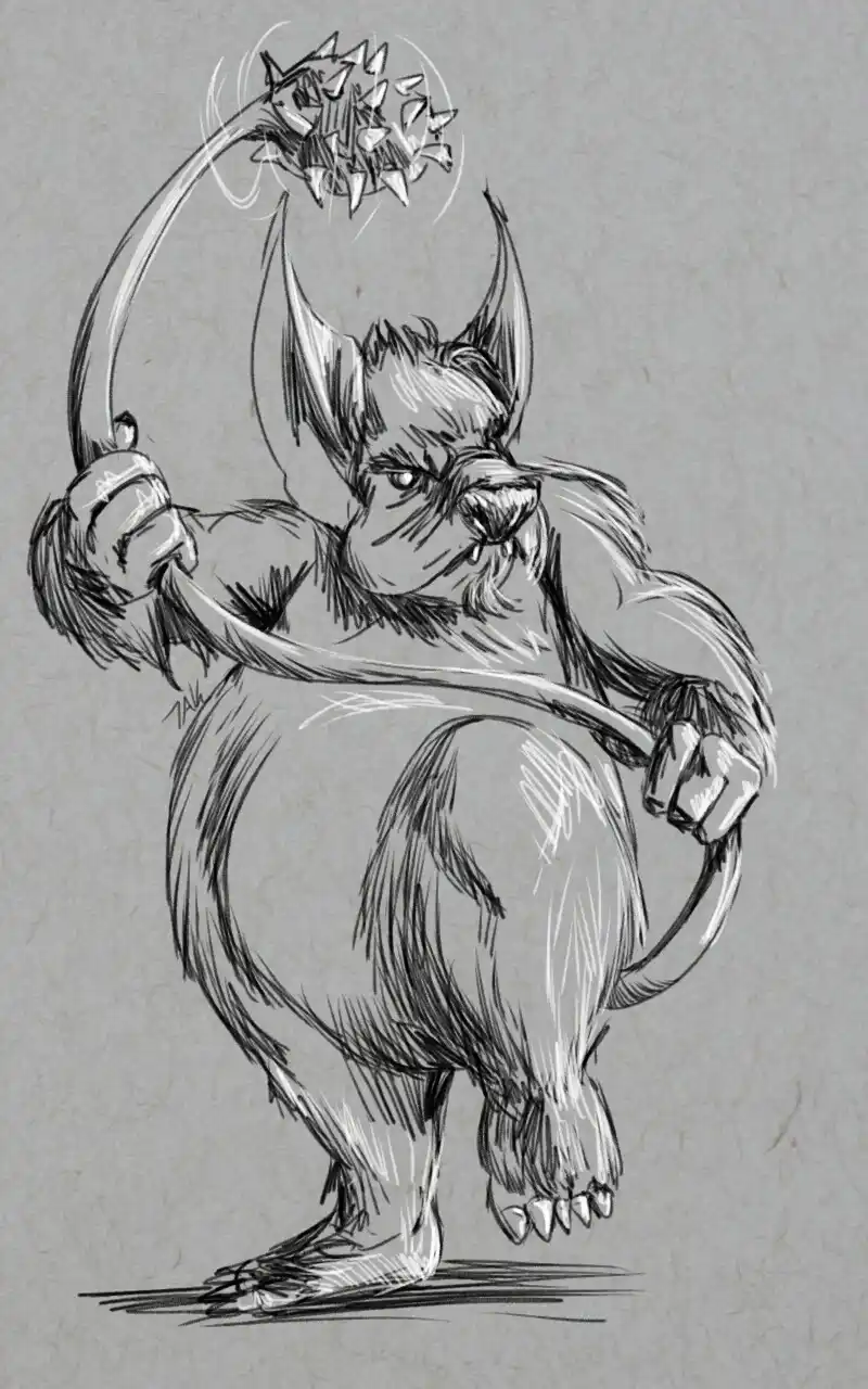 A black-and-white sketch depicts a muscular, horned, furry creature resembling a demonic badger or boar, standing on two…