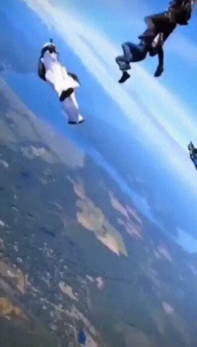A sequence of images shows two skydivers in freefall, transitioning to a tandem skydive where one person is strapped to the…