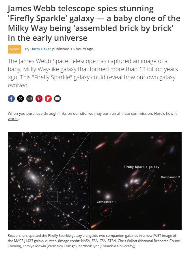 A news article screenshot showing a JWST image of the 'Firefly Sparkle' galaxy, a baby Milky Way-like galaxy, with a…