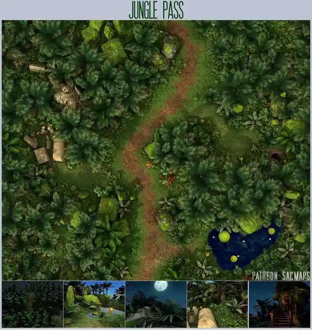 An overhead view of a lush jungle map titled 'JUNGLE PASS' featuring a winding dirt path through dense green foliage…