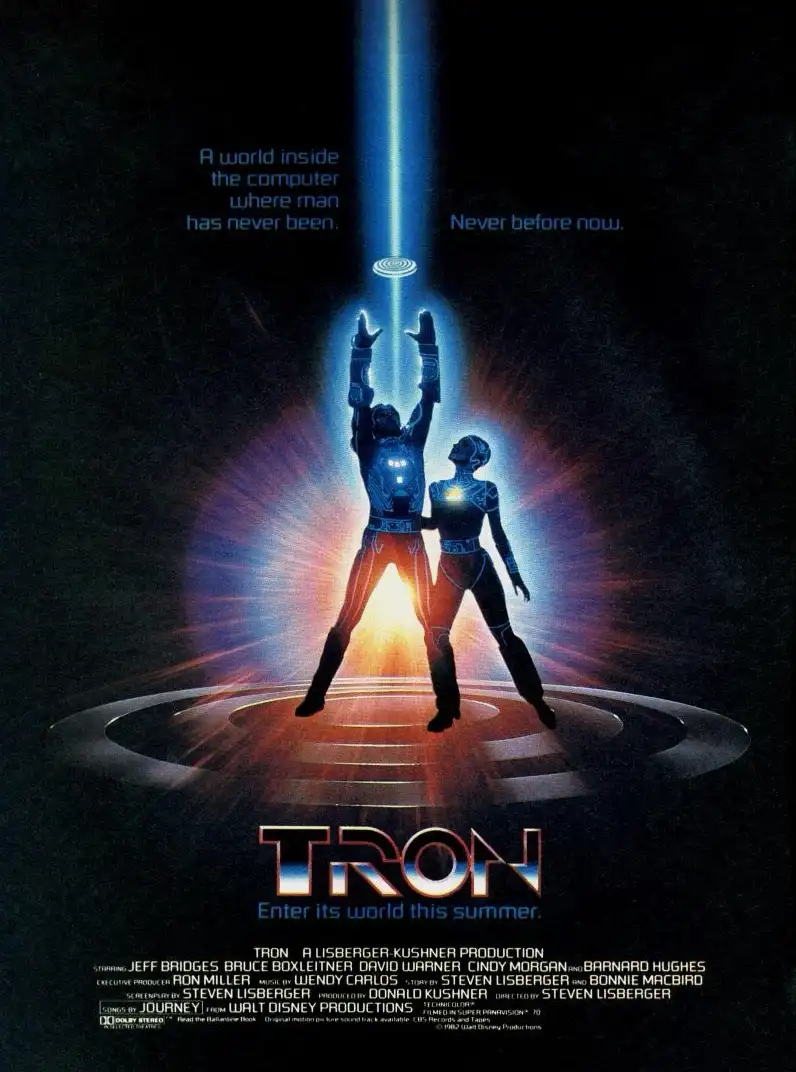 The image is the original movie poster for 'TRON', featuring two silhouetted figures in glowing blue digital suits standing…