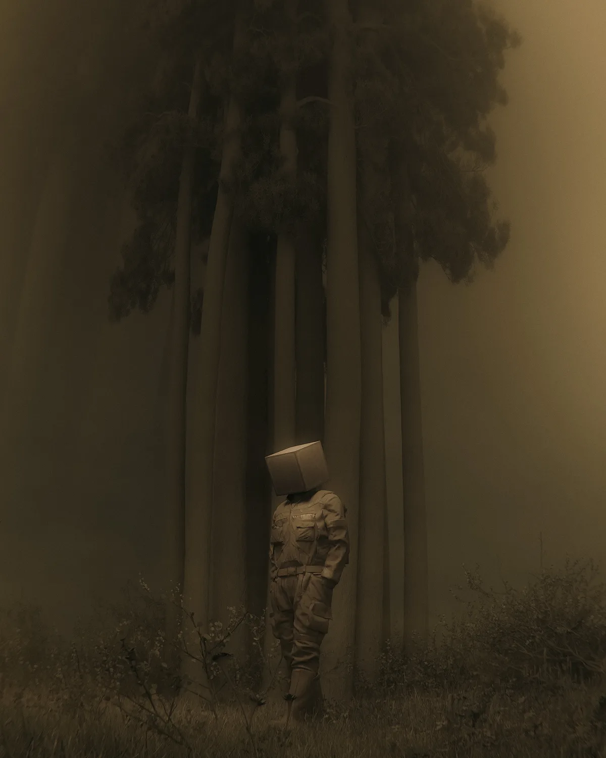 A person in a full-body jumpsuit stands in a foggy, sepia-toned forest with tall trees, their head replaced by a vintage…