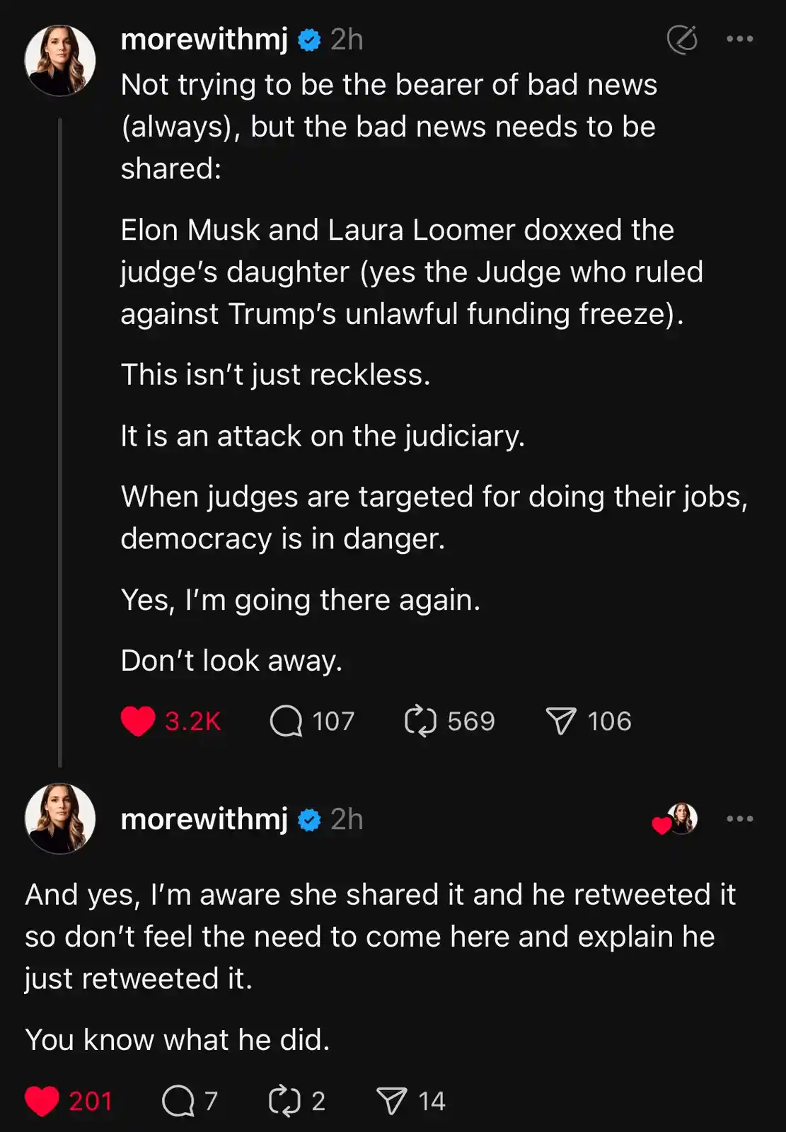 A screenshot of two Instagram Stories from user 'morewithmj' with white text on a black background. The first story states…
