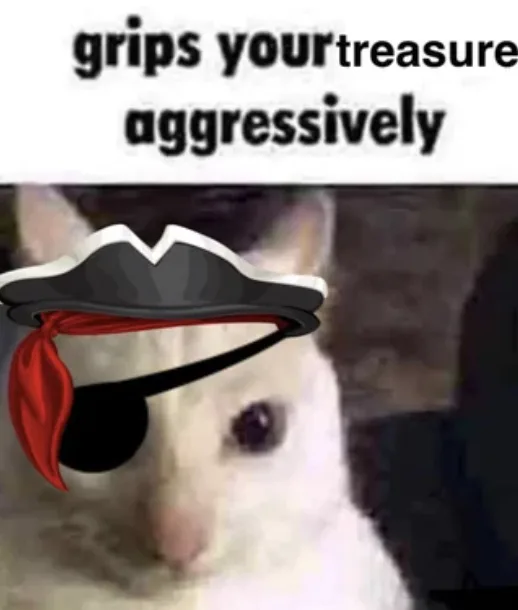A close-up photo of a white cat with a cartoon pirate hat and eyepatch over its right eye, looking directly at the viewer…