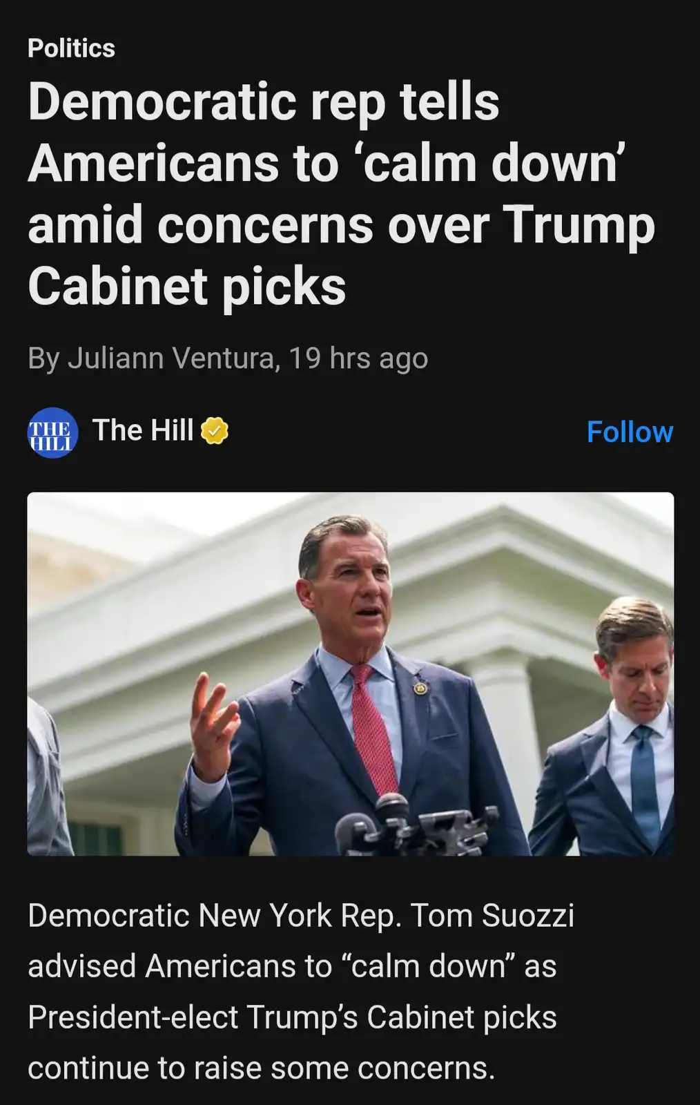 A screenshot of a news article from The Hill shows Democratic Rep. Tom Suozzi speaking at a press event, gesturing with his…