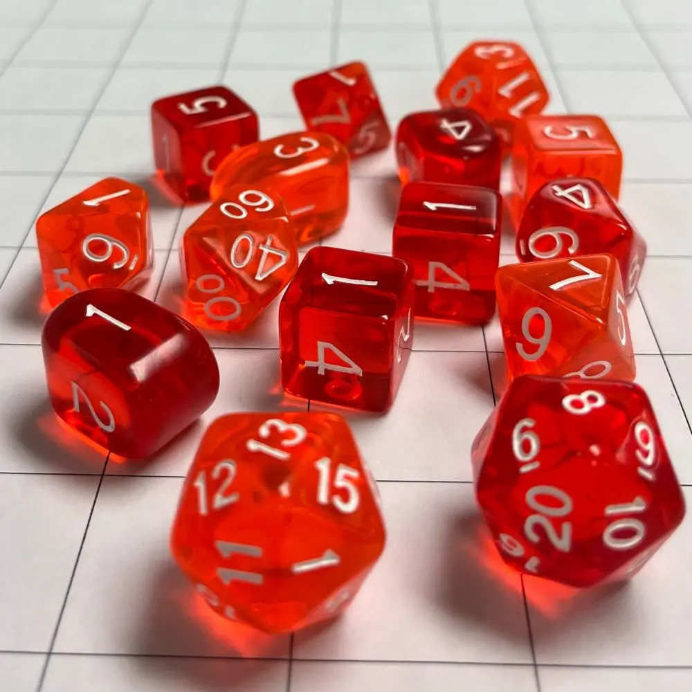 A collection of translucent red polyhedral dice scattered on a gridded surface, showing various numbers, with overlaid text…