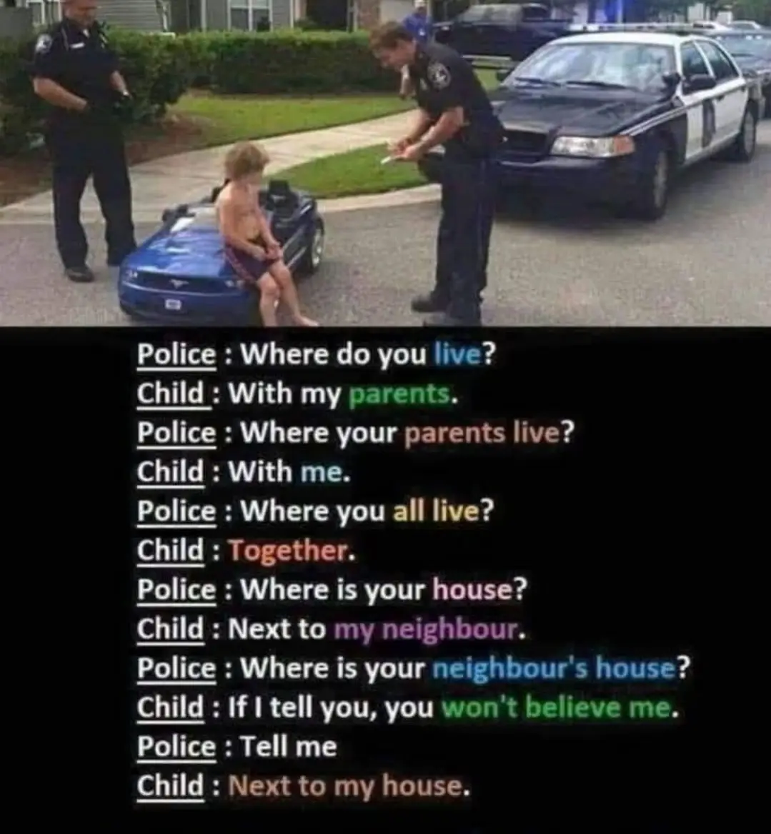 A child sits on a blue toy car while two police officers question him. The overlaid text shows a dialogue where the child…