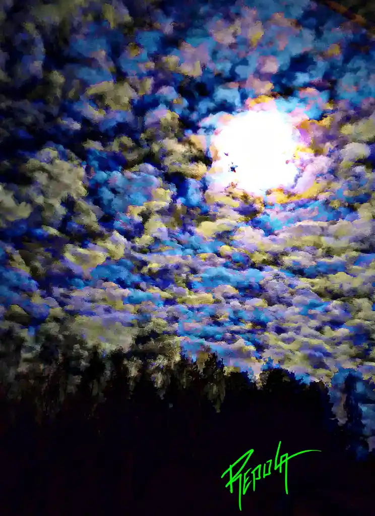 A stylized, painterly image of a bright, glowing sun or moon breaking through a dense, textured sky filled with swirling…