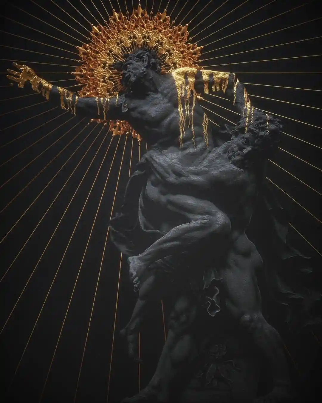 A dark, muscular statue of a man with a crown of golden spikes and golden liquid dripping down his body, set against a black…
