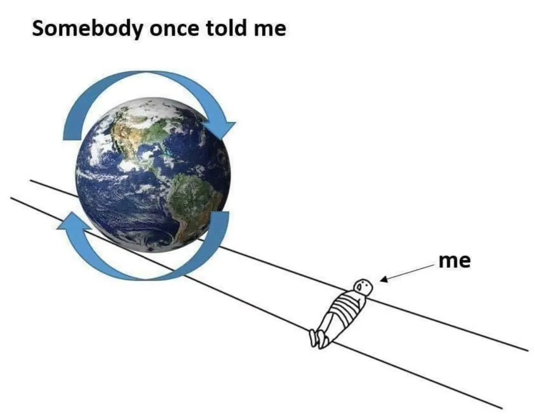 An image shows a realistic Earth with blue arrows indicating rotation, while a simple stick figure labeled 'me' is depicted…