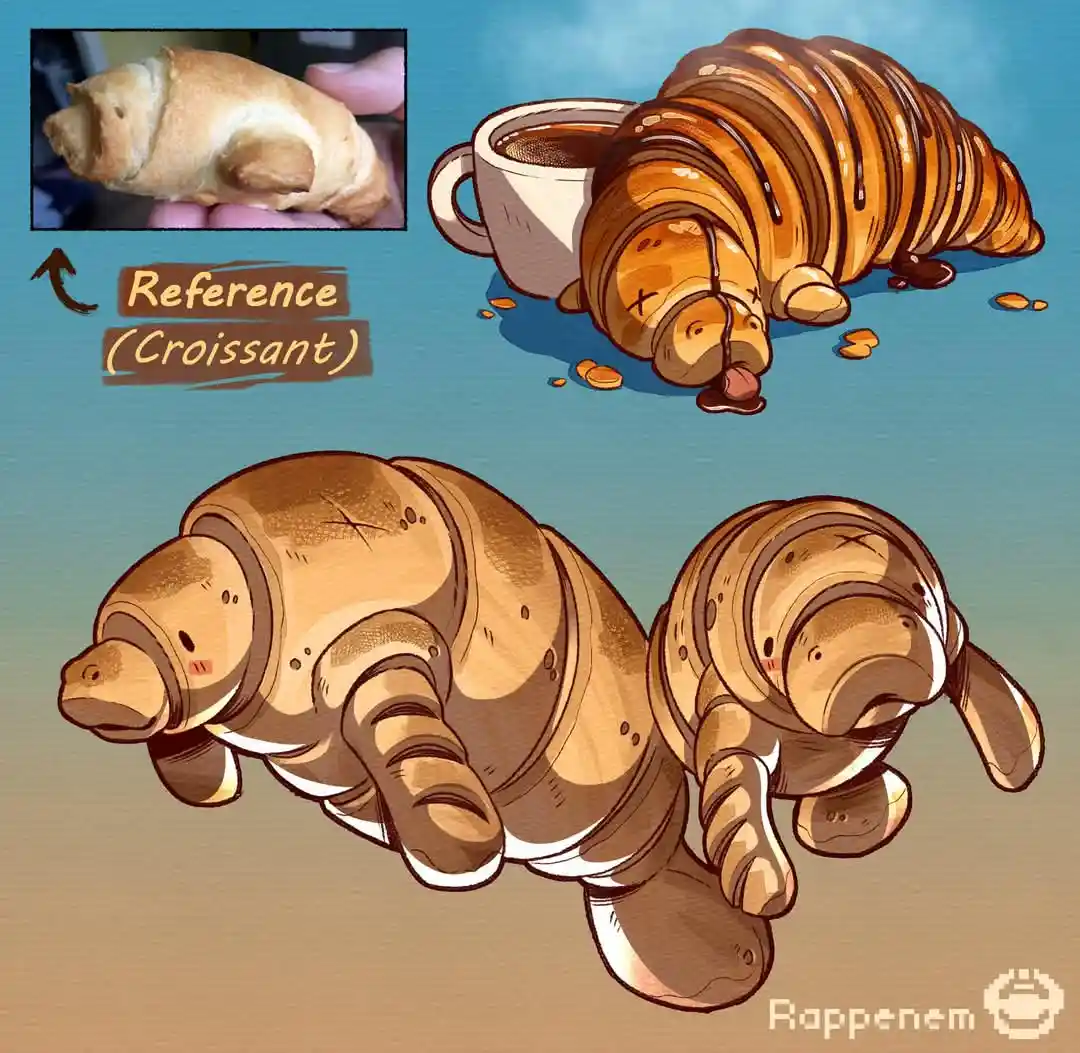 The image shows a cartoon croissant with a face, eyes crossed, and chocolate dripping from its mouth, lying next to a coffee…