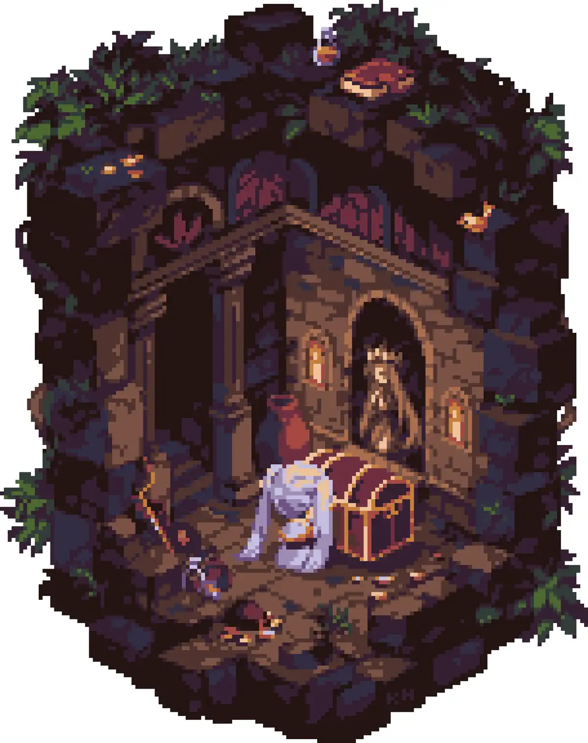 A pixel art image shows a character in a dungeon room with a treasure chest, depicted in six panels showing the character…