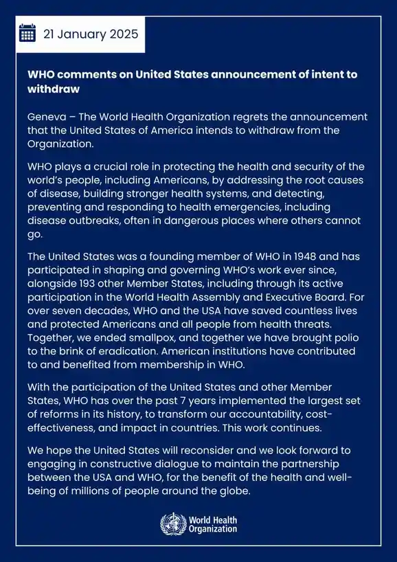 A formal-looking blue WHO press release dated 21 January 2025, with white text detailing the organization's regret over the…
