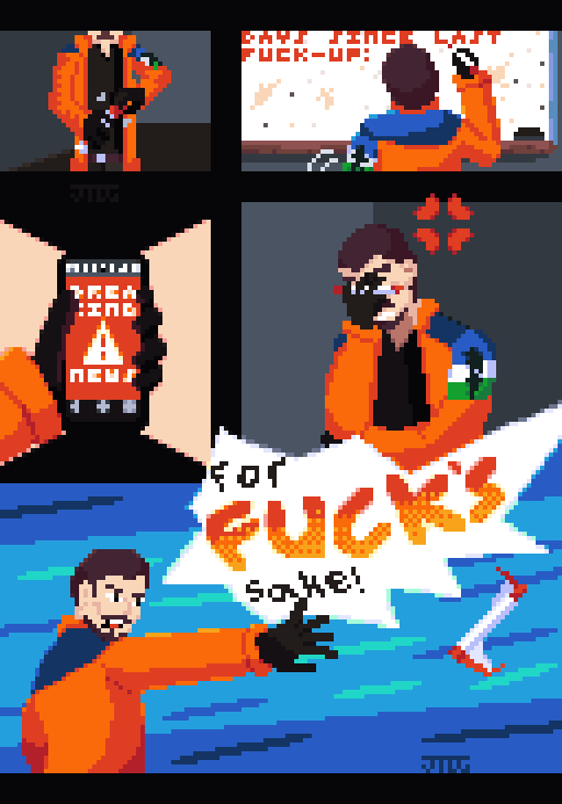 A pixel-art comic strip shows a man in an orange jumpsuit reacting to bad news. He first looks at his phone, then angrily…
