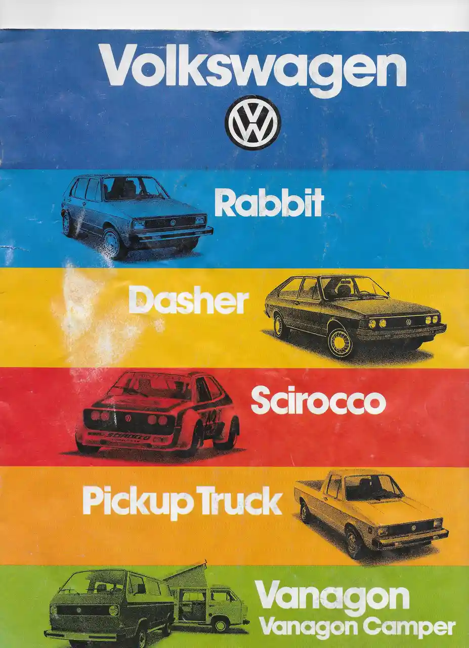 A vintage Volkswagen brochure displays five car models—Rabbit, Dasher, Scirocco, Pickup Truck, and Vanagon Camper—each on a…