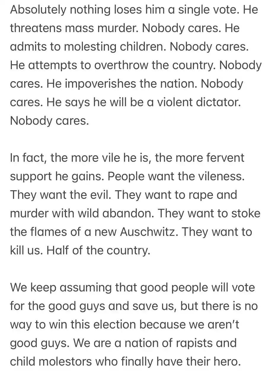 A plain white background with black text listing extreme accusations against a political figure, including mass murder…