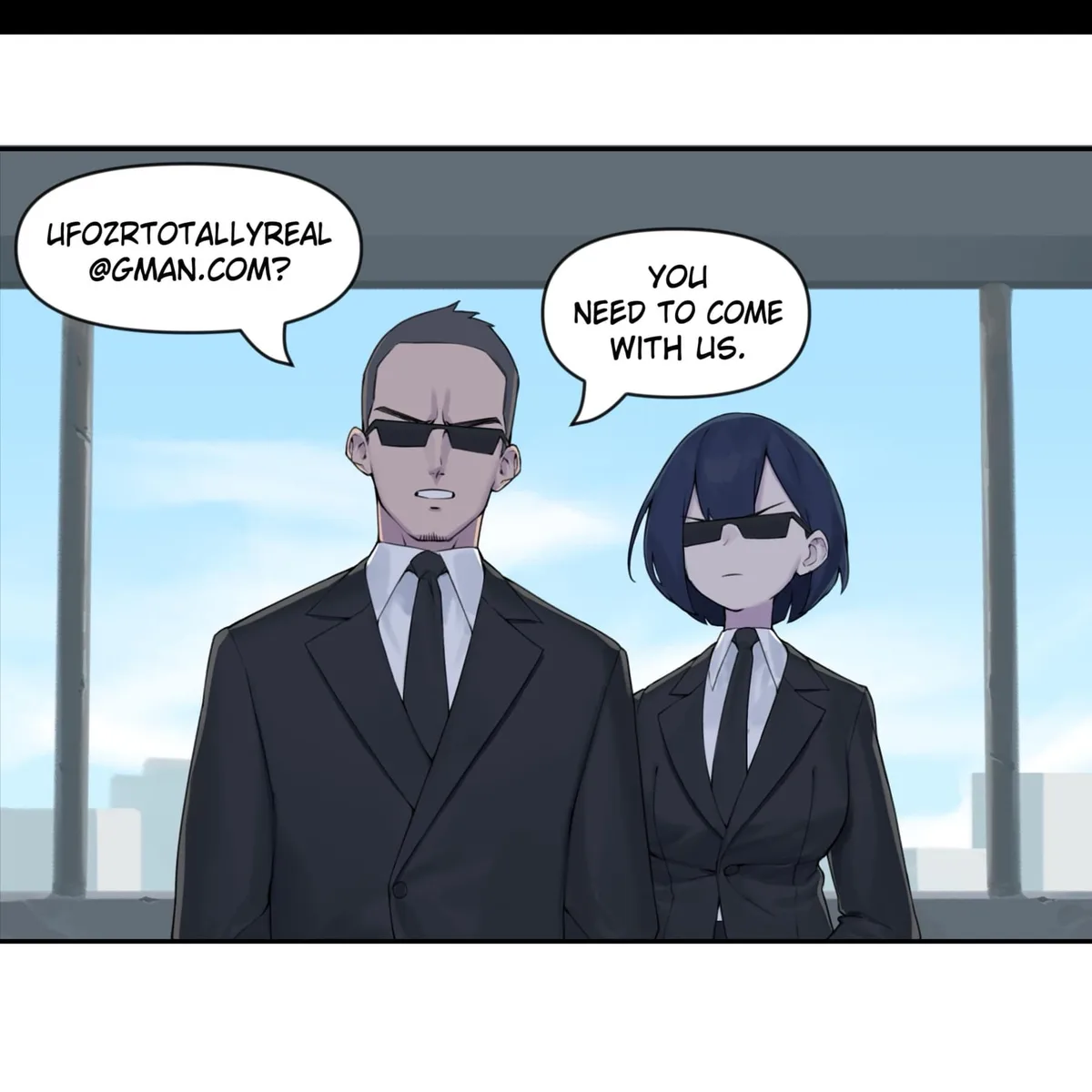 Two anime-style characters in black suits and sunglasses stand side-by-side in front of a window. The man on the left asks…