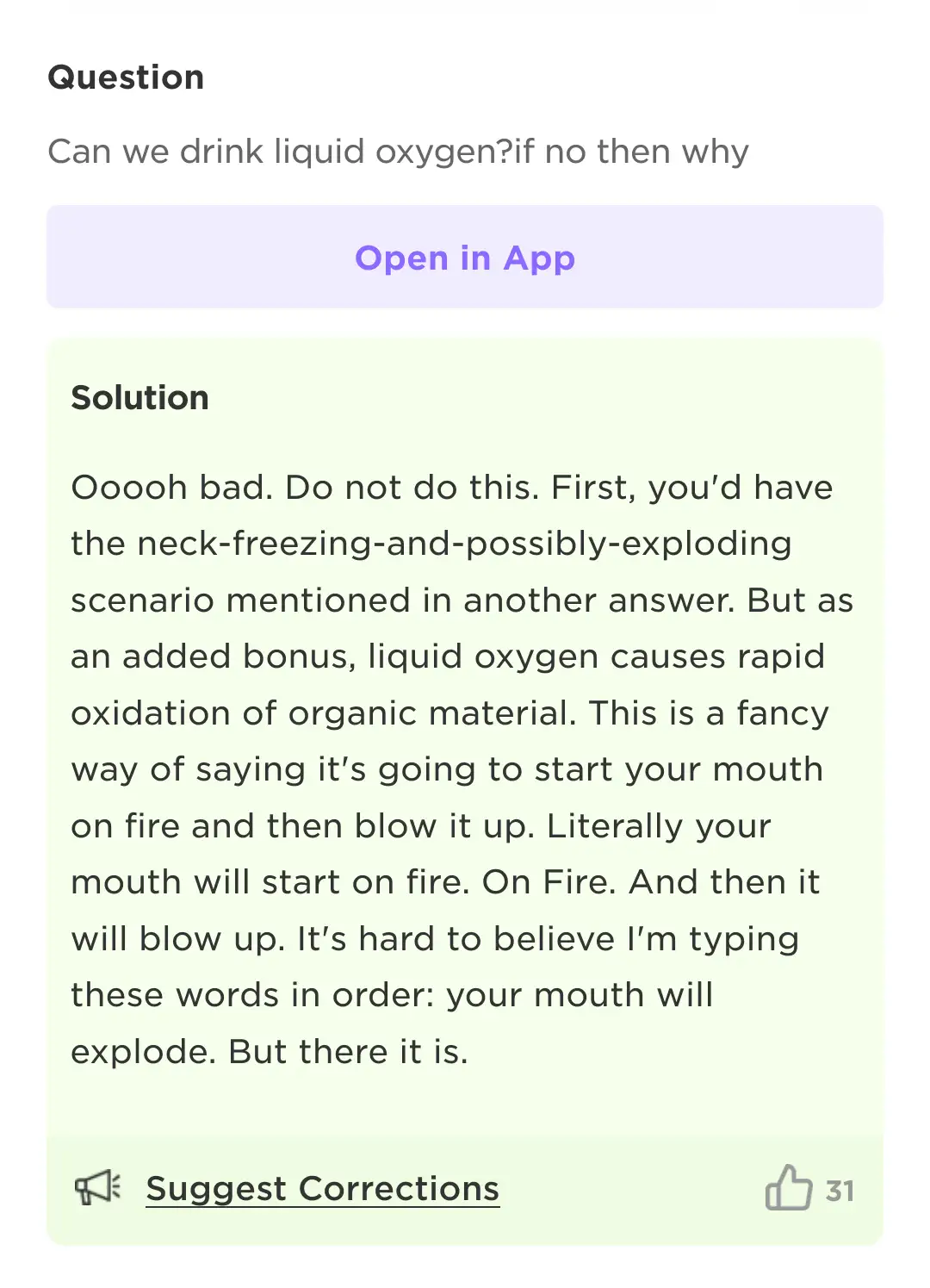 A screenshot of a question-and-answer interface shows a user asking if liquid oxygen can be drunk. The 'Solution' section…
