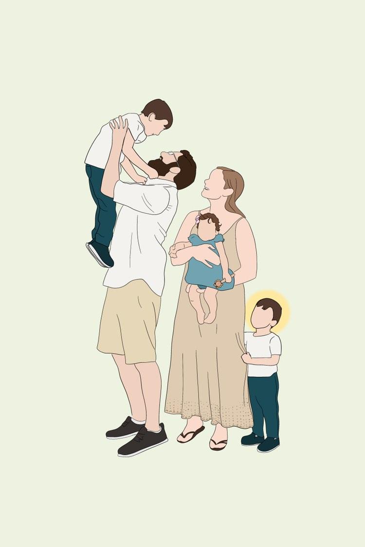 An illustration of a family of five: a man holding a toddler up high, a woman holding a baby, and a slightly older child…