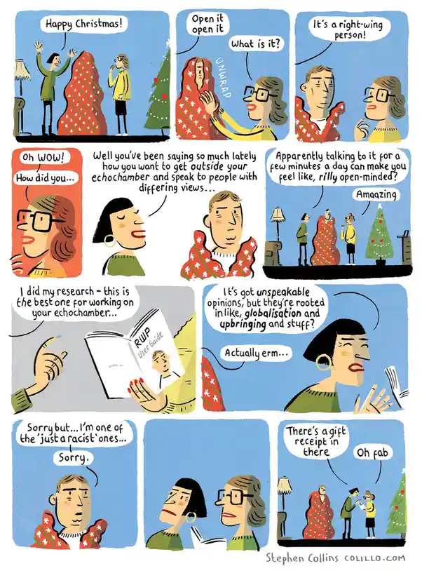 A comic strip depicts a Christmas gift-giving scene where a person unwraps a gift that turns out to be a 'right-wing person'…