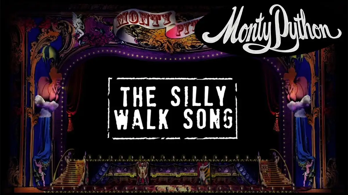 An ornate, theatrical stage with purple curtains and decorative columns, featuring the text 'THE SILLY WALK SONG' in a…