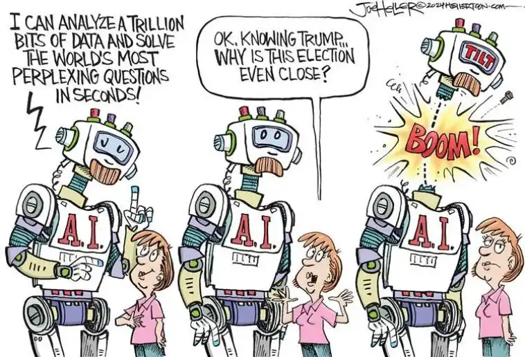 Three identical cartoon robots labeled 'A.I.' stand beside a woman in a pink shirt. The first robot boasts it can analyze…